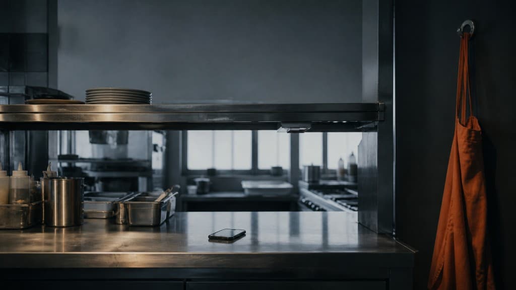 Passe-plat de cuisine de restaurant avec un smartphone posé sur le plan de travail en inox