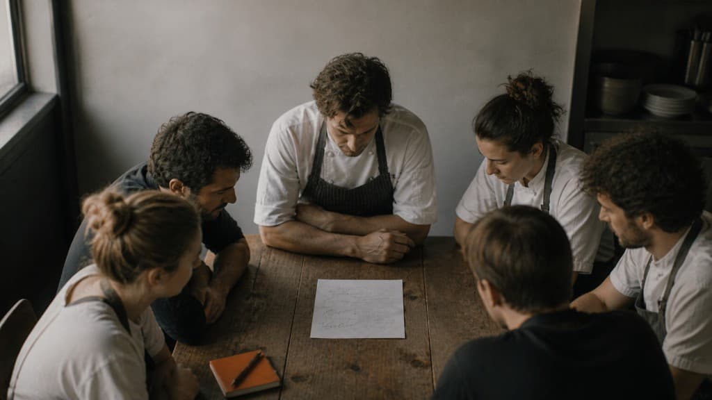 Équipe de restaurant autour d'une table en briefing avant service
