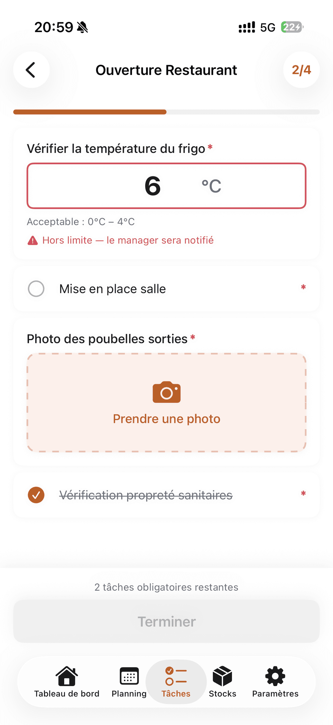 Écran d'une tâche HACCP avec relevé de température