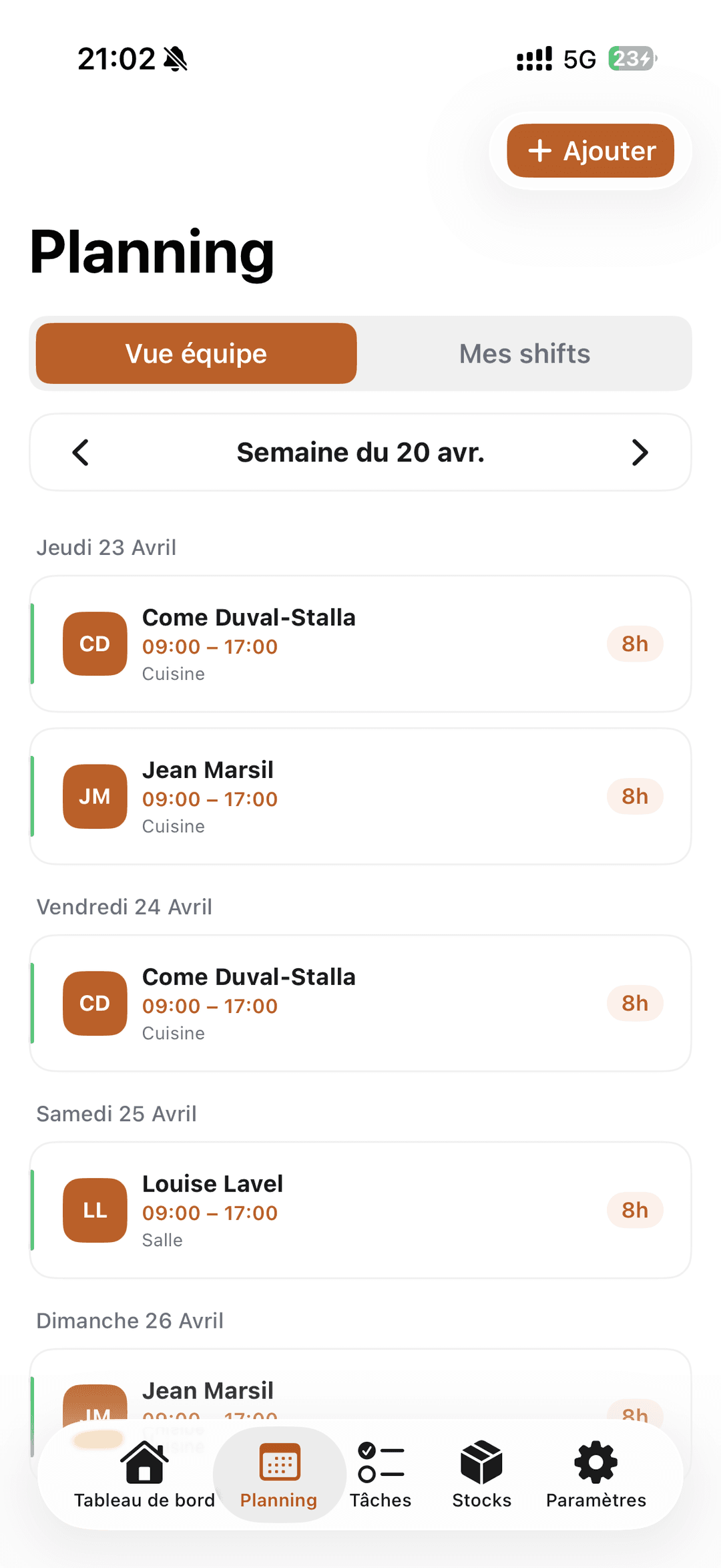 Écran Planning Taskab montrant les shifts de la semaine